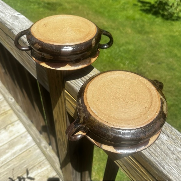 Vintage Handmade Studio Pottery Artist Signed Soup Bowls W/Handles Set of 2 - Picture 5 of 9